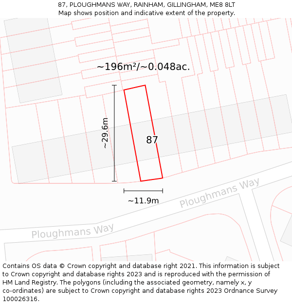 87, PLOUGHMANS WAY, RAINHAM, GILLINGHAM, ME8 8LT: Plot and title map