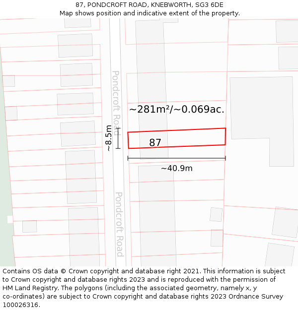 87, PONDCROFT ROAD, KNEBWORTH, SG3 6DE: Plot and title map