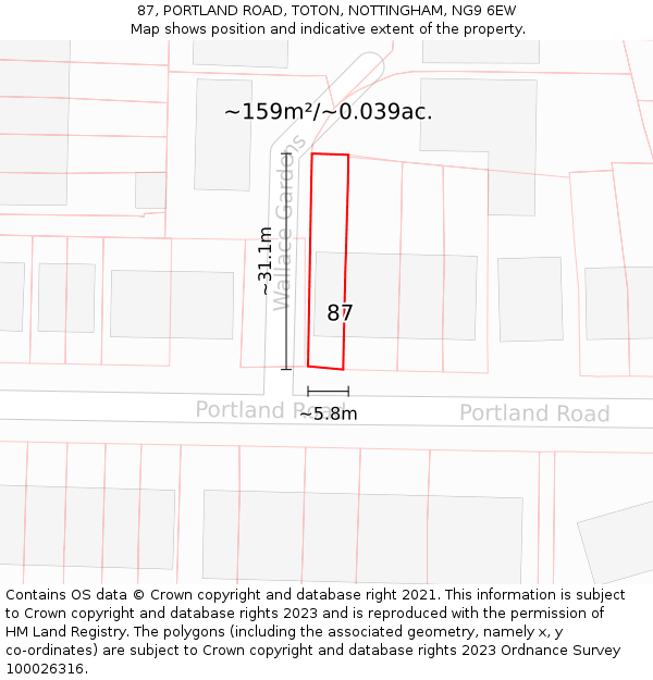 87, PORTLAND ROAD, TOTON, NOTTINGHAM, NG9 6EW: Plot and title map