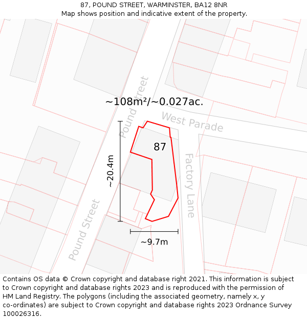 87, POUND STREET, WARMINSTER, BA12 8NR: Plot and title map