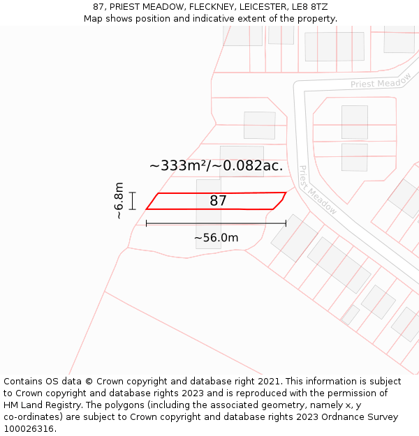 87, PRIEST MEADOW, FLECKNEY, LEICESTER, LE8 8TZ: Plot and title map