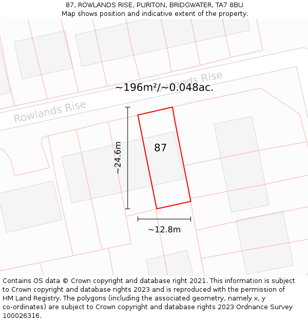 87, ROWLANDS RISE, PURITON, BRIDGWATER, TA7 8BU: Plot and title map