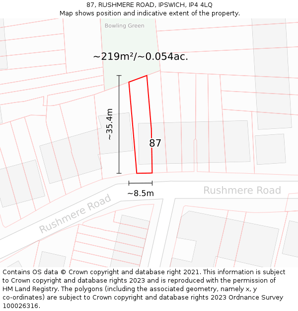 87, RUSHMERE ROAD, IPSWICH, IP4 4LQ: Plot and title map