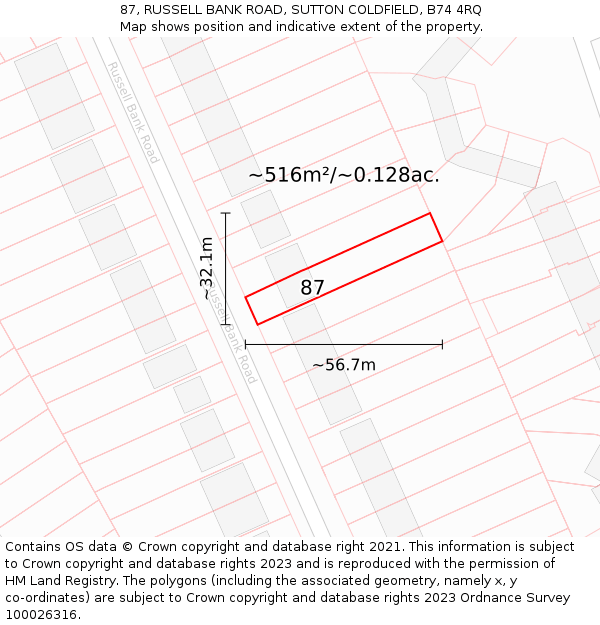 87, RUSSELL BANK ROAD, SUTTON COLDFIELD, B74 4RQ: Plot and title map