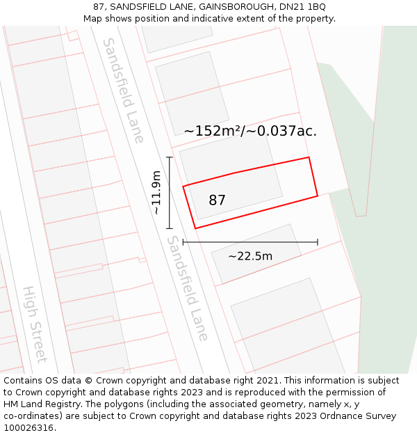 87, SANDSFIELD LANE, GAINSBOROUGH, DN21 1BQ: Plot and title map