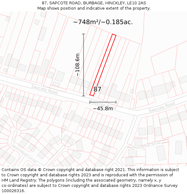 87, SAPCOTE ROAD, BURBAGE, HINCKLEY, LE10 2AS: Plot and title map