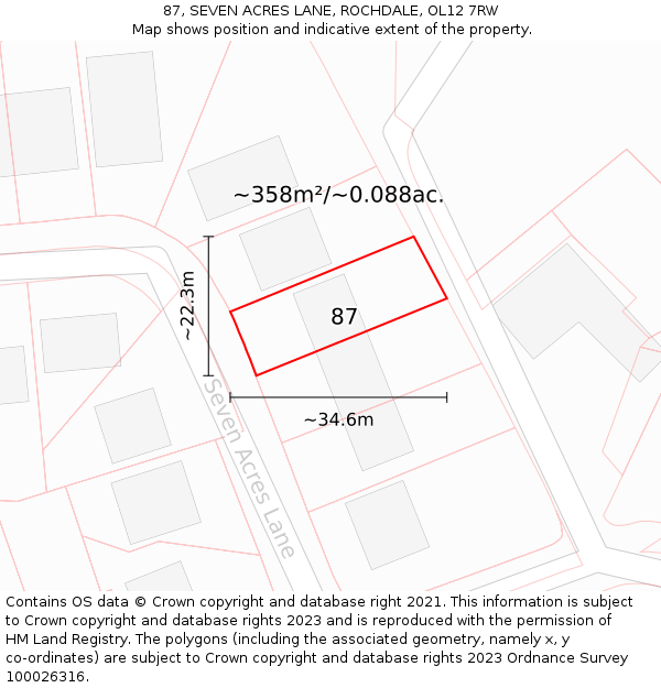 87, SEVEN ACRES LANE, ROCHDALE, OL12 7RW: Plot and title map