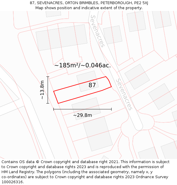 87, SEVENACRES, ORTON BRIMBLES, PETERBOROUGH, PE2 5XJ: Plot and title map