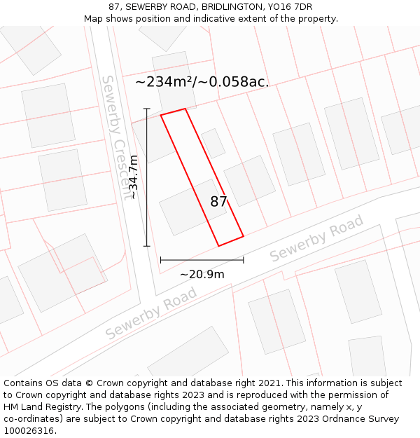 87, SEWERBY ROAD, BRIDLINGTON, YO16 7DR: Plot and title map