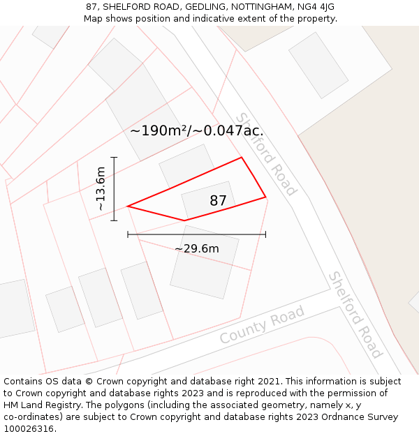 87, SHELFORD ROAD, GEDLING, NOTTINGHAM, NG4 4JG: Plot and title map