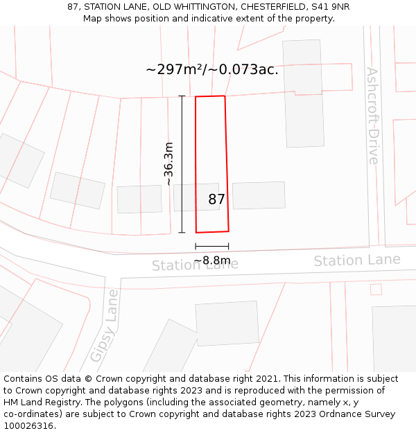 87, STATION LANE, OLD WHITTINGTON, CHESTERFIELD, S41 9NR: Plot and title map