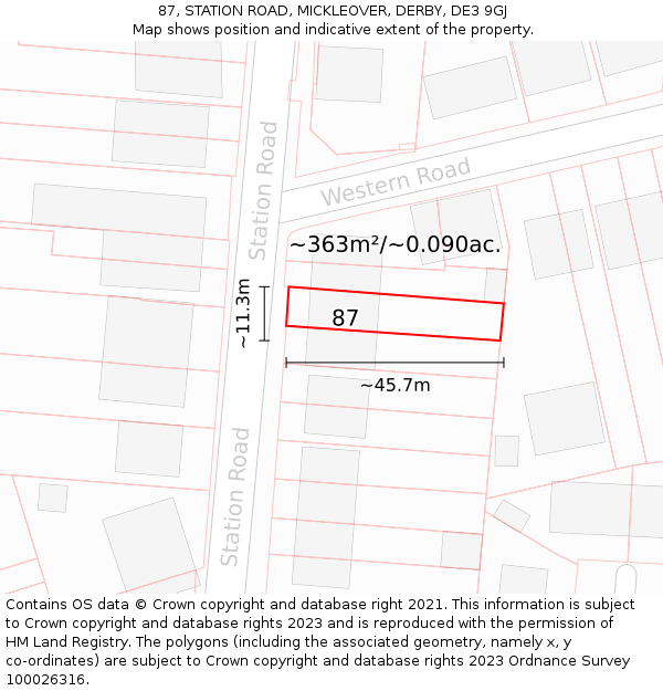 87, STATION ROAD, MICKLEOVER, DERBY, DE3 9GJ: Plot and title map