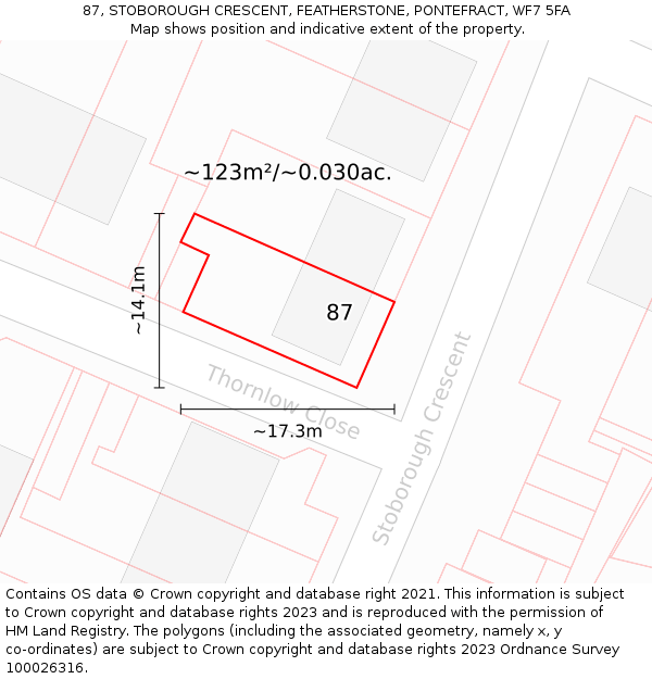 87, STOBOROUGH CRESCENT, FEATHERSTONE, PONTEFRACT, WF7 5FA: Plot and title map