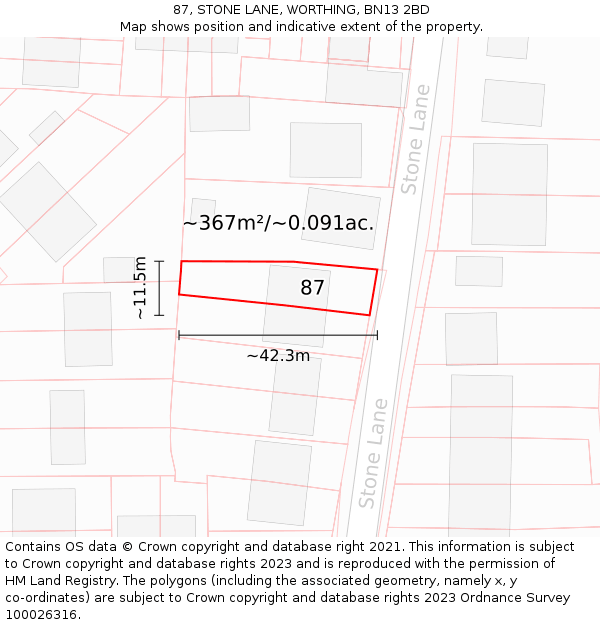 87, STONE LANE, WORTHING, BN13 2BD: Plot and title map