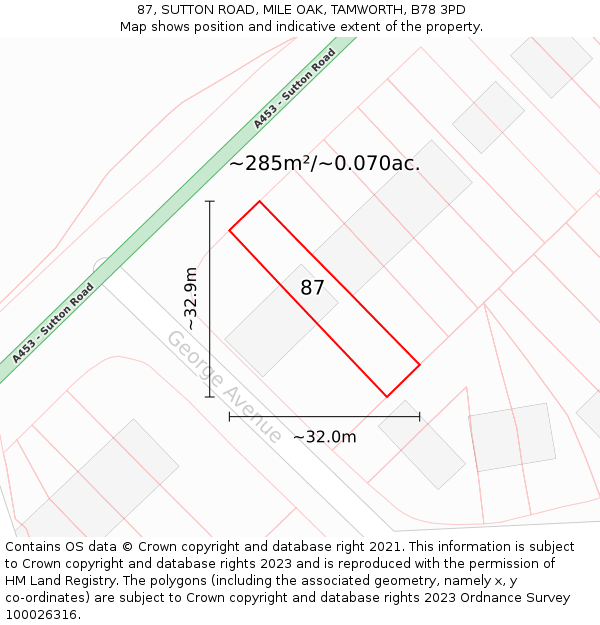 87, SUTTON ROAD, MILE OAK, TAMWORTH, B78 3PD: Plot and title map