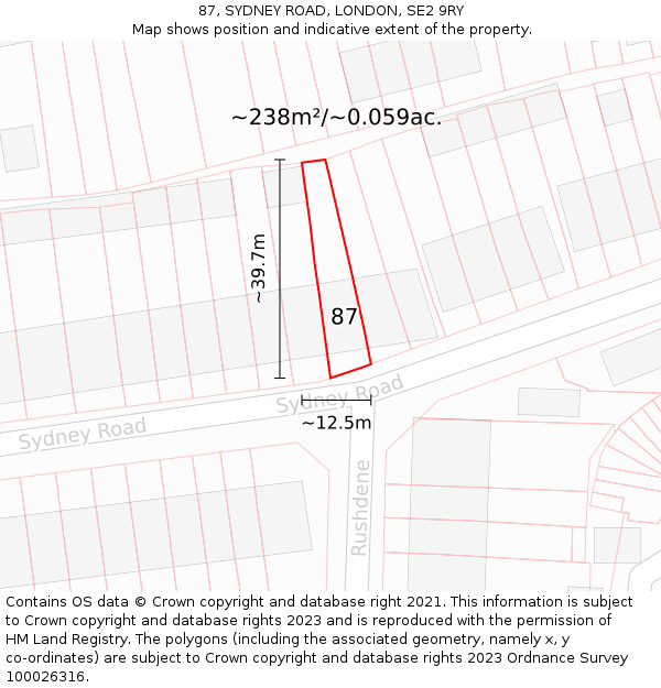 87, SYDNEY ROAD, LONDON, SE2 9RY: Plot and title map