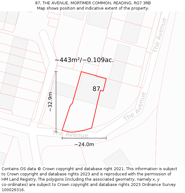 87, THE AVENUE, MORTIMER COMMON, READING, RG7 3RB: Plot and title map