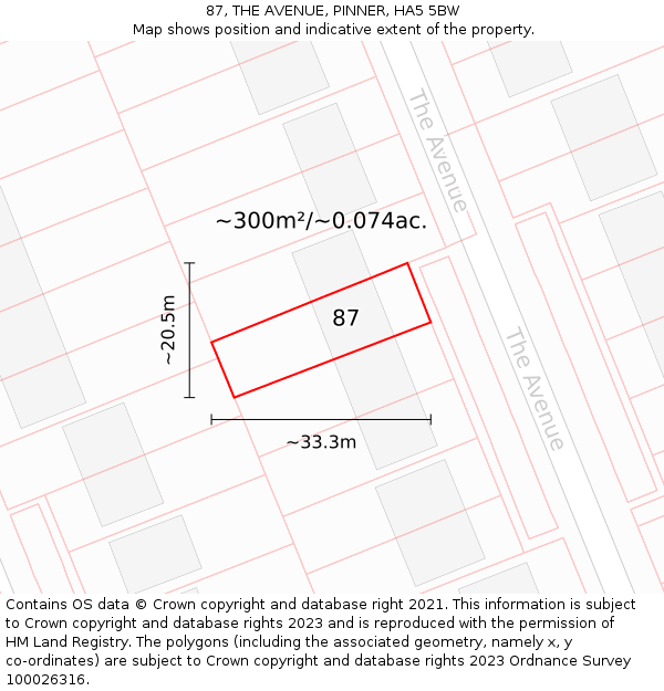 87, THE AVENUE, PINNER, HA5 5BW: Plot and title map