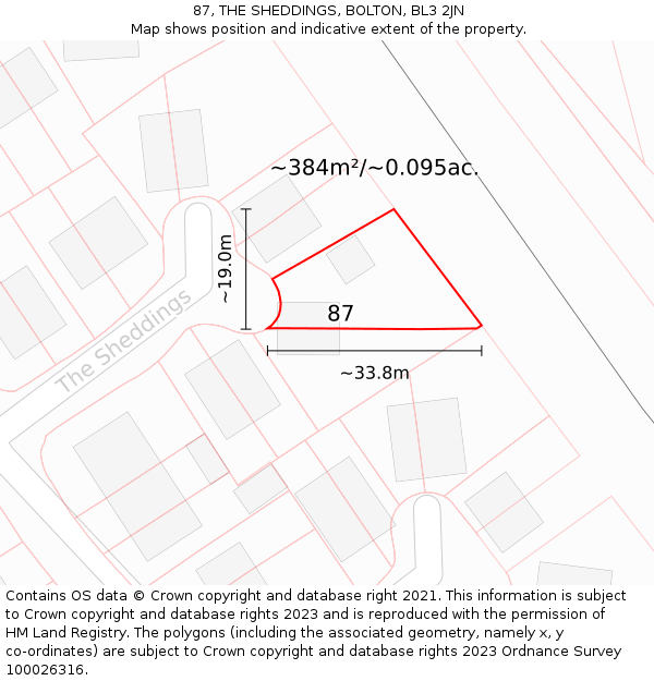 87, THE SHEDDINGS, BOLTON, BL3 2JN: Plot and title map