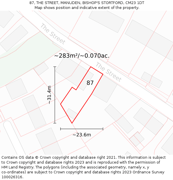 87, THE STREET, MANUDEN, BISHOP'S STORTFORD, CM23 1DT: Plot and title map