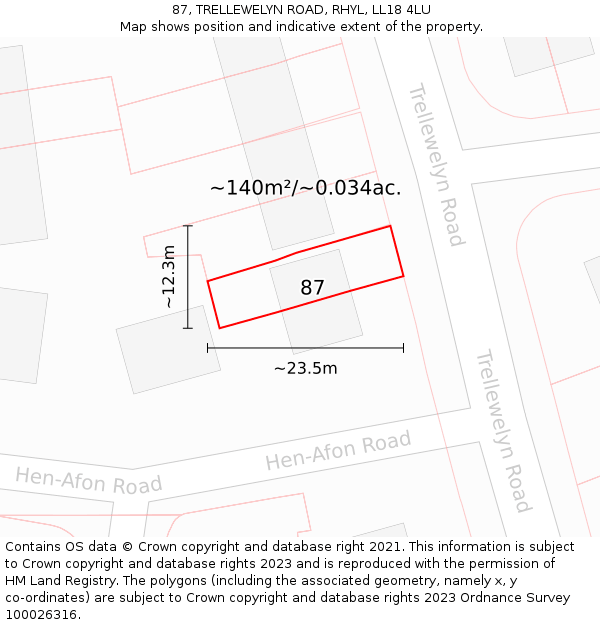 87, TRELLEWELYN ROAD, RHYL, LL18 4LU: Plot and title map