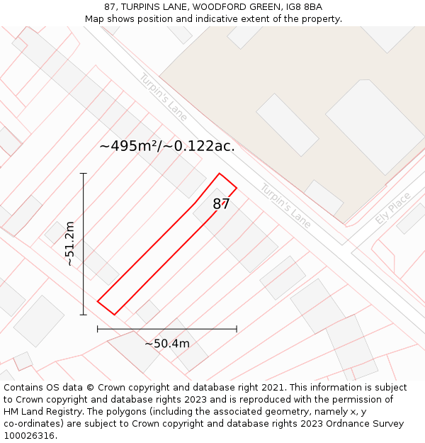 87, TURPINS LANE, WOODFORD GREEN, IG8 8BA: Plot and title map