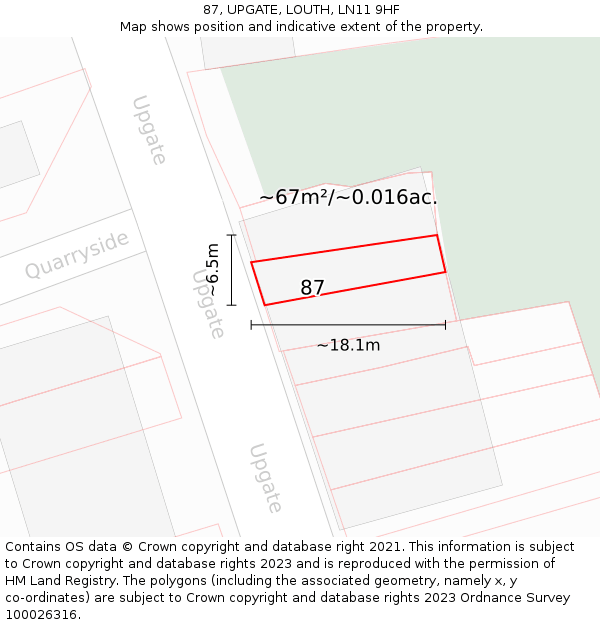 87, UPGATE, LOUTH, LN11 9HF: Plot and title map