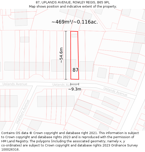 87, UPLANDS AVENUE, ROWLEY REGIS, B65 9PL: Plot and title map