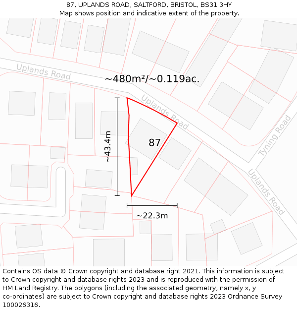 87, UPLANDS ROAD, SALTFORD, BRISTOL, BS31 3HY: Plot and title map