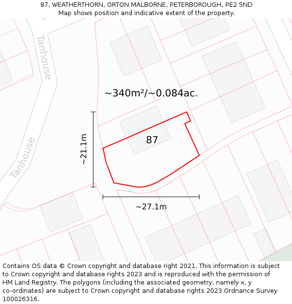 87, WEATHERTHORN, ORTON MALBORNE, PETERBOROUGH, PE2 5ND: Plot and title map