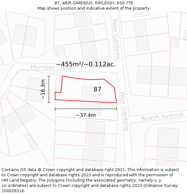 87, WEIR GARDENS, RAYLEIGH, SS6 7TE: Plot and title map