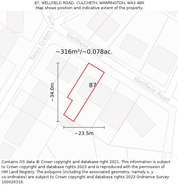 87, WELLFIELD ROAD, CULCHETH, WARRINGTON, WA3 4BX: Plot and title map