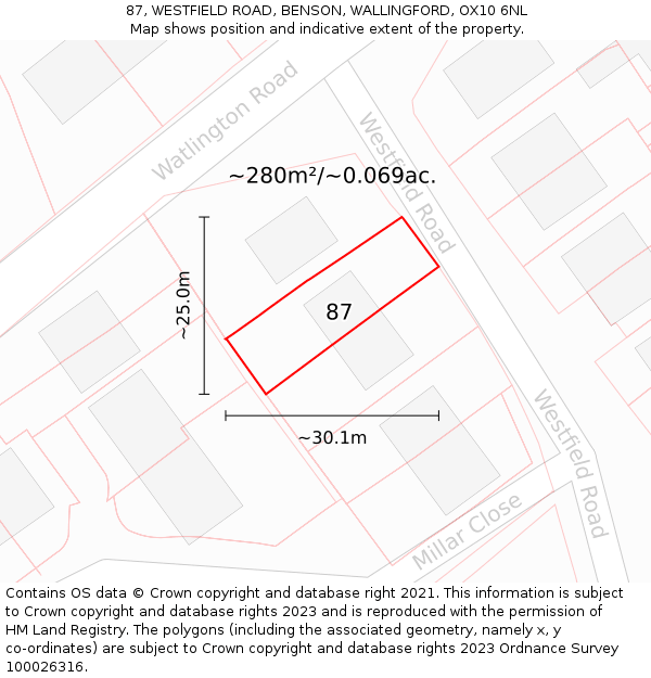 87, WESTFIELD ROAD, BENSON, WALLINGFORD, OX10 6NL: Plot and title map