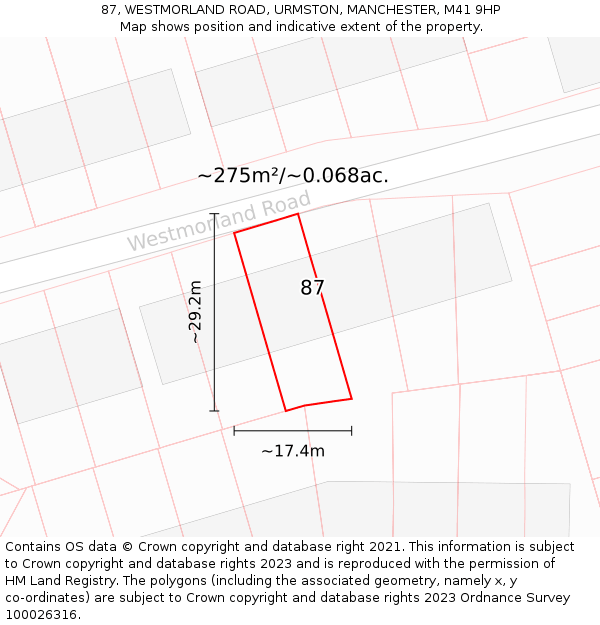 87, WESTMORLAND ROAD, URMSTON, MANCHESTER, M41 9HP: Plot and title map