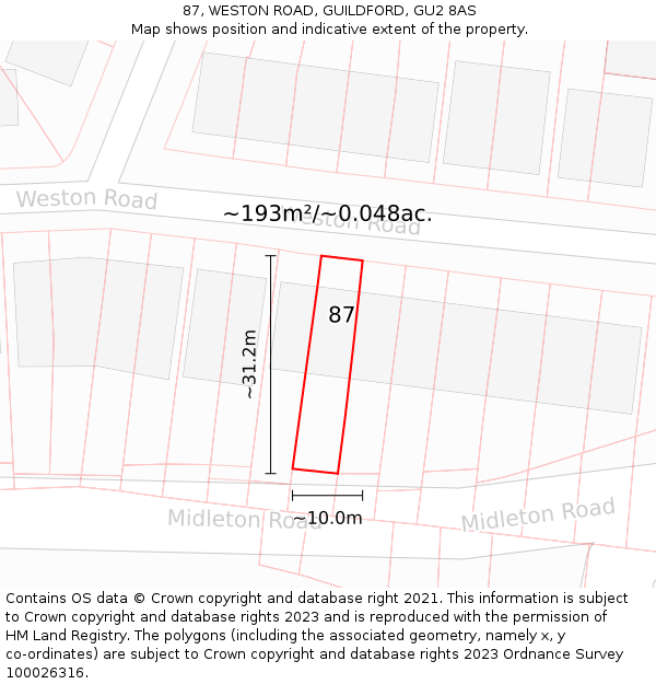 87, WESTON ROAD, GUILDFORD, GU2 8AS: Plot and title map