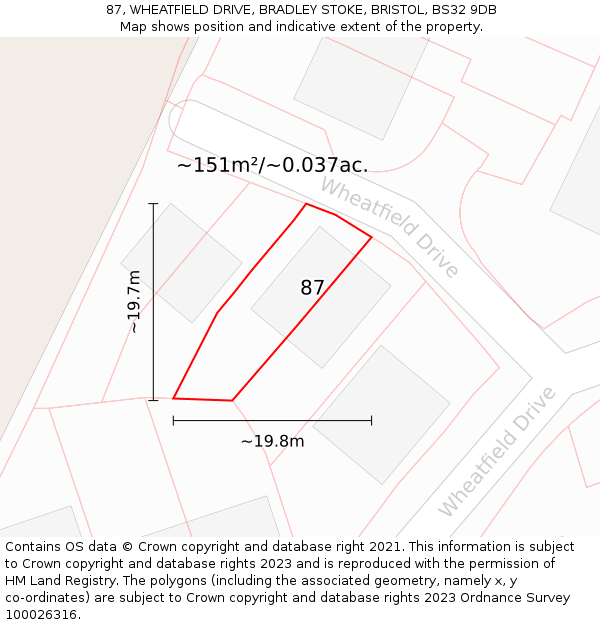 87, WHEATFIELD DRIVE, BRADLEY STOKE, BRISTOL, BS32 9DB: Plot and title map