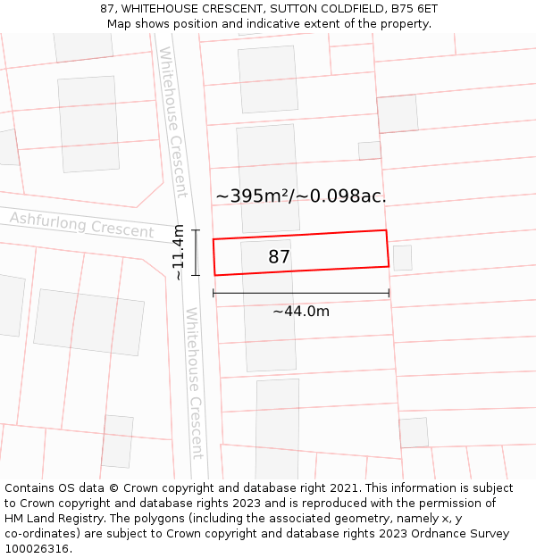 87, WHITEHOUSE CRESCENT, SUTTON COLDFIELD, B75 6ET: Plot and title map