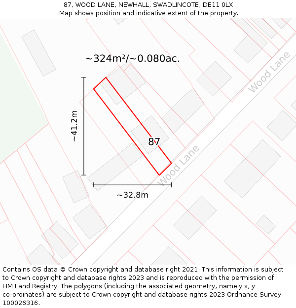 87, WOOD LANE, NEWHALL, SWADLINCOTE, DE11 0LX: Plot and title map