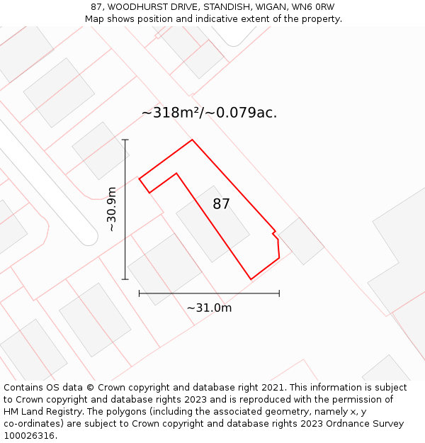 87, WOODHURST DRIVE, STANDISH, WIGAN, WN6 0RW: Plot and title map