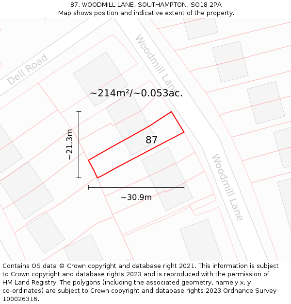 87, WOODMILL LANE, SOUTHAMPTON, SO18 2PA: Plot and title map