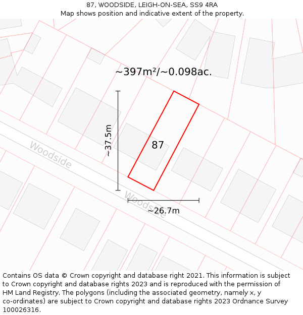 87, WOODSIDE, LEIGH-ON-SEA, SS9 4RA: Plot and title map