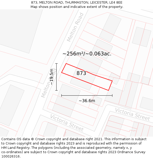 873, MELTON ROAD, THURMASTON, LEICESTER, LE4 8EE: Plot and title map