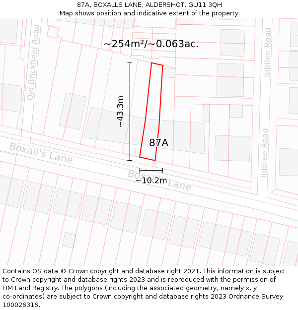 87A, BOXALLS LANE, ALDERSHOT, GU11 3QH: Plot and title map