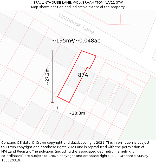 87A, LINTHOUSE LANE, WOLVERHAMPTON, WV11 3TW: Plot and title map