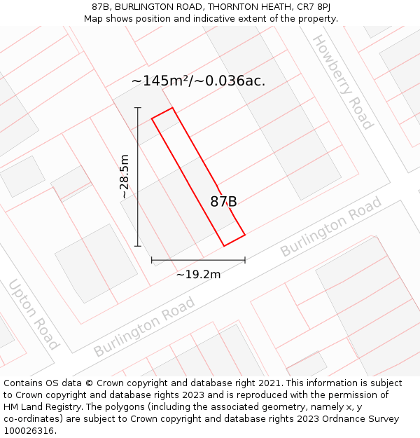 87B, BURLINGTON ROAD, THORNTON HEATH, CR7 8PJ: Plot and title map