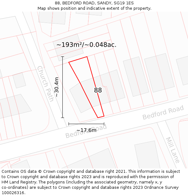 88, BEDFORD ROAD, SANDY, SG19 1ES: Plot and title map