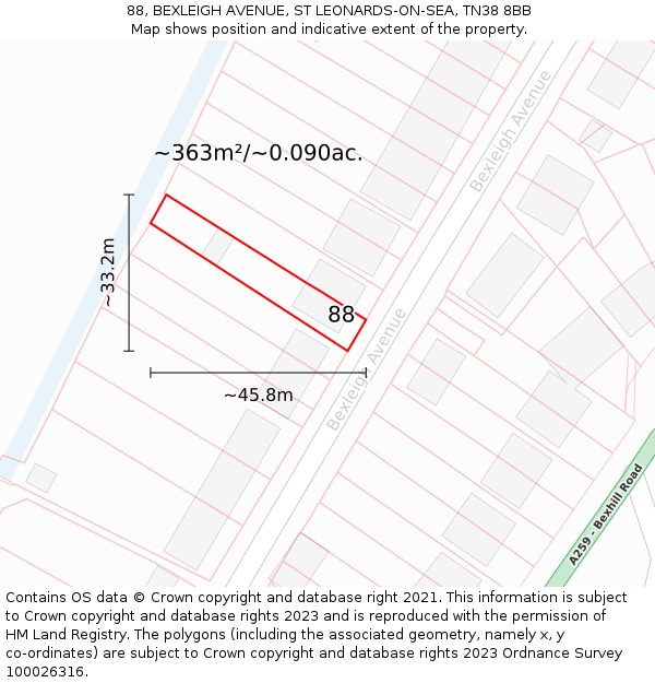 88, BEXLEIGH AVENUE, ST LEONARDS-ON-SEA, TN38 8BB: Plot and title map