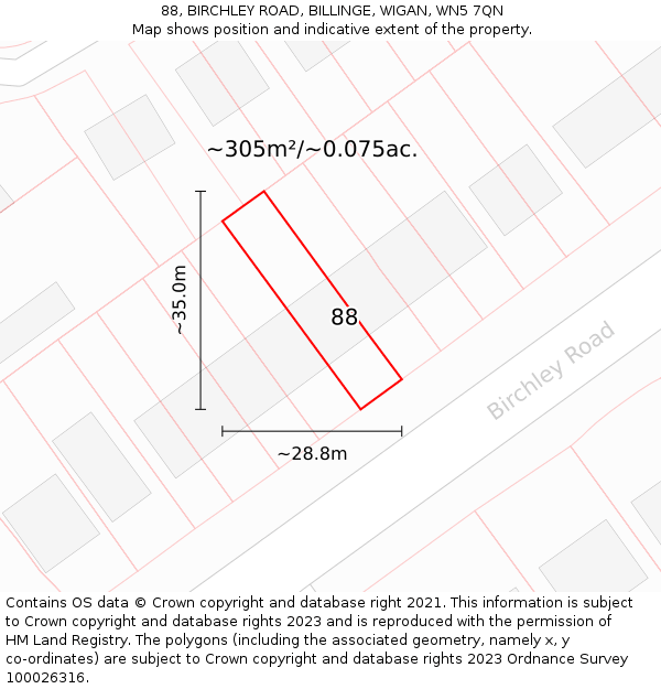 88, BIRCHLEY ROAD, BILLINGE, WIGAN, WN5 7QN: Plot and title map