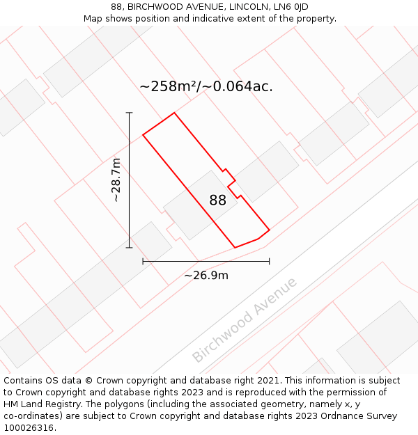 88, BIRCHWOOD AVENUE, LINCOLN, LN6 0JD: Plot and title map