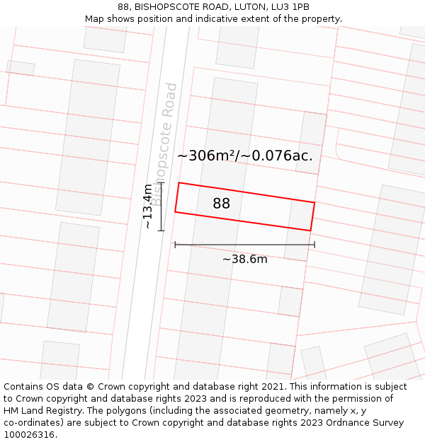 88, BISHOPSCOTE ROAD, LUTON, LU3 1PB: Plot and title map